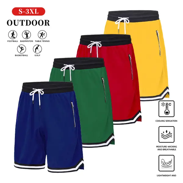 Men's Athletic Shorts, Plain Loose-Fit Design in 100% Polyester Mesh, Quick-Drying with Stretchy Above-Knee Fit and Zipper Pockets