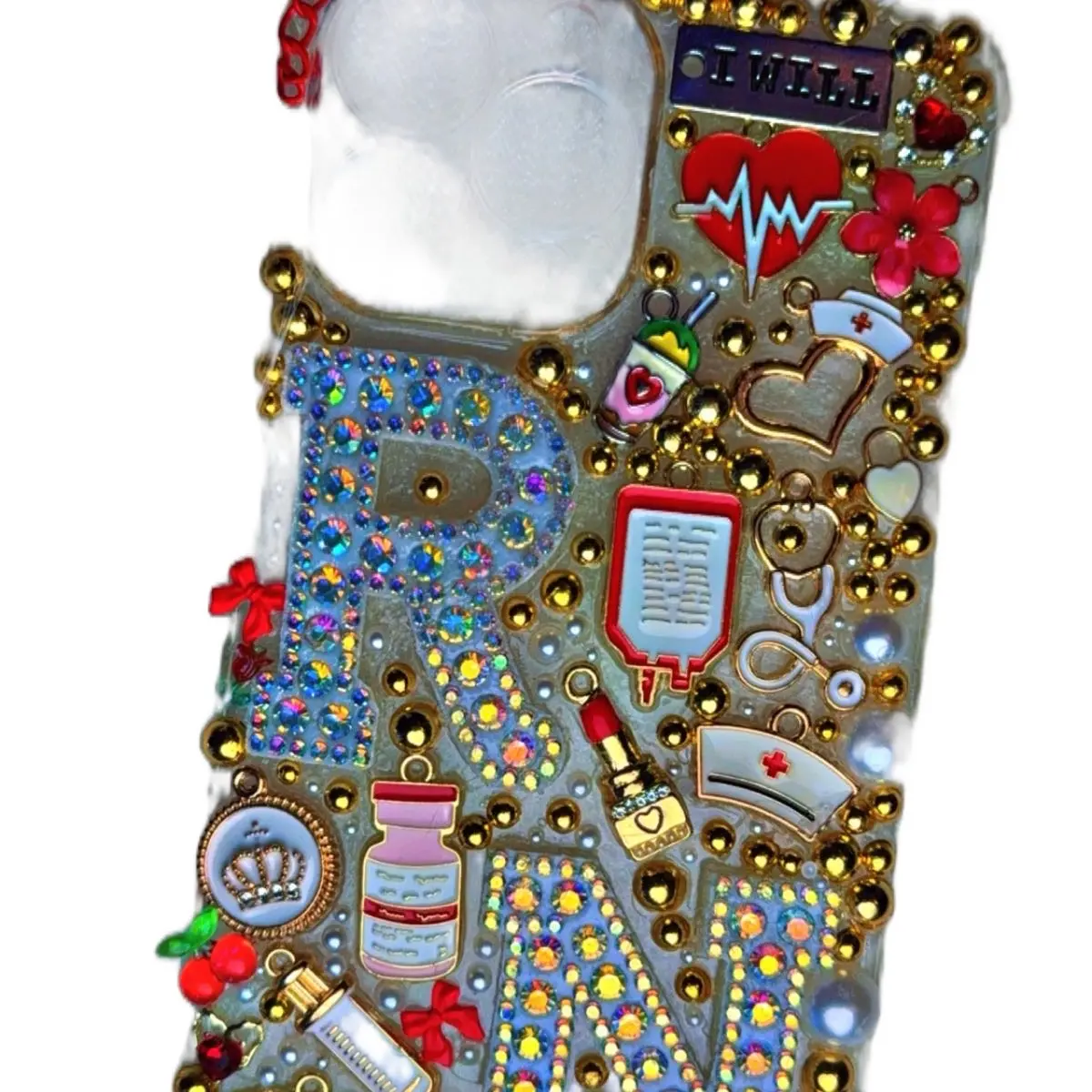 BLING Nursing Theme Junk iPhone Case - Colorful Design with Various Icons & Accessories, Customizable for Zodiac Signs and Nicknames