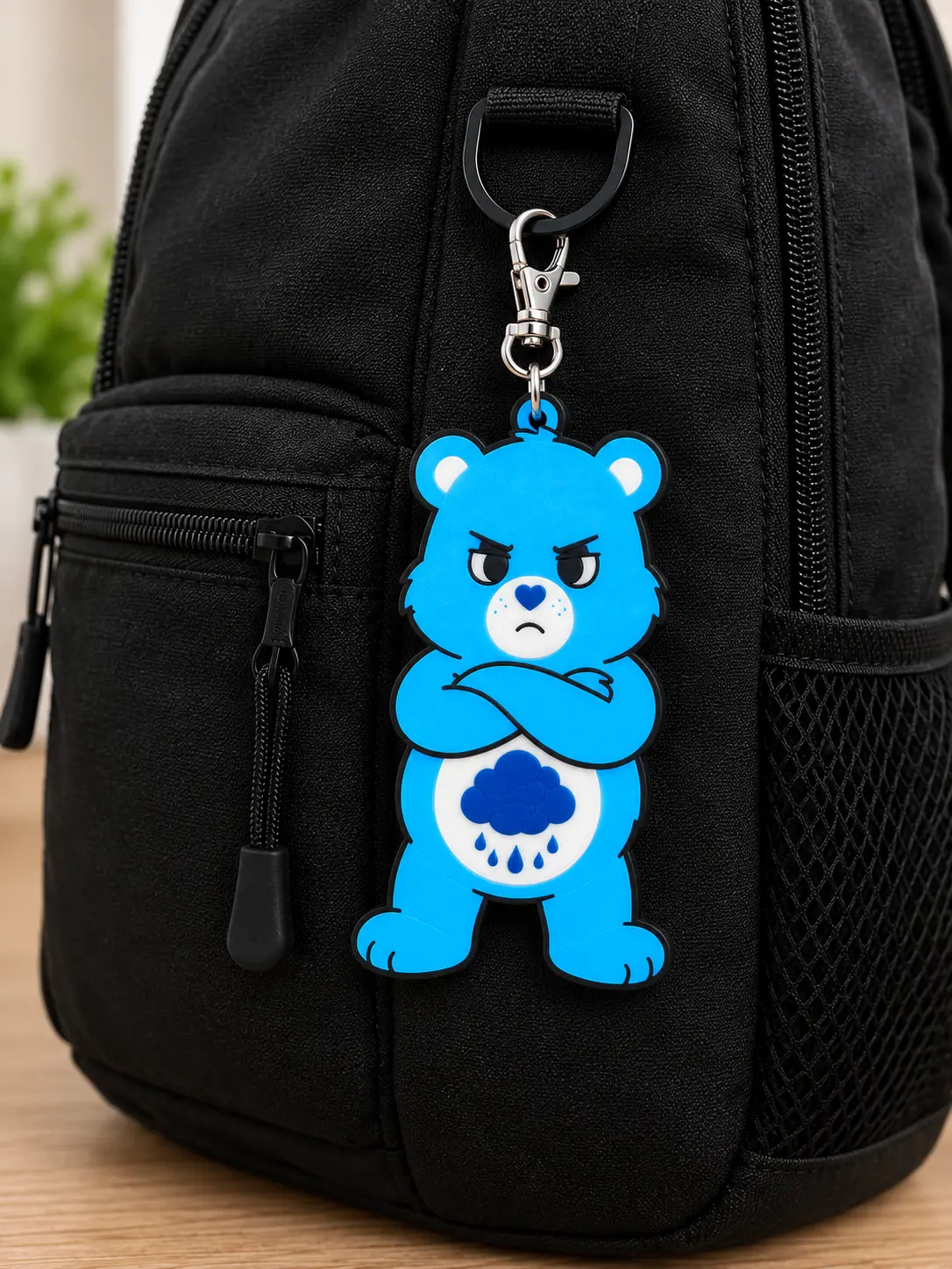 Care Bears Blue Bear Keychain with Crossed Arms and Cloud Design for Backpacks and Luggage