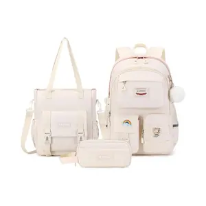 Kawaii Girls 3-Piece Ultra-Lightweight girly Backpack Set with Convertible Tote Bag & Multiple Pockets for Kids & Teens Spacious Durable SchoolBag Combo Milk White Oxford SmallPouch Travel Cloth Cold Wash backpack kids durable school bag