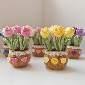 100%Handmade Crochet Tulip Potted Plant, Yarn DIY Finished Artificial Flower Bouquet, Creative Crocheted Homemade Gift, Home Decoration Gift