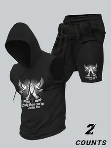 Men's Hooded Vest and Shorts Set, Casual Summer for Ages 13 to 54, Comfortable Fitted Knitted Sportswear, Athletic Fashion Activewear, Sports Clothing Set