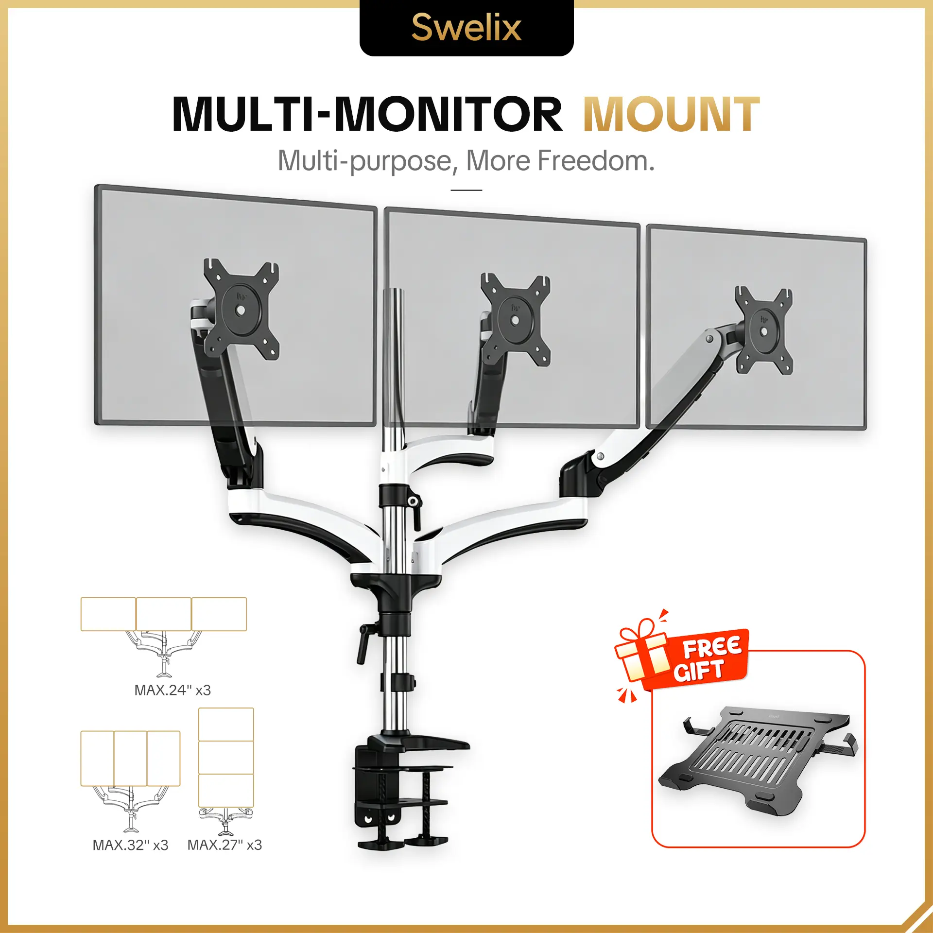 SWELIX Ergonomic Aluminum Alloy Gas Spring Triple Monitor Mount for Ergonomic Home Office Office Desk, 15-32" Screens, 17.6lbs per Support, Adjustable Tilt & Swivel, ABS Tool-Free Cable Clips, 40.2" Height Dial, C-Clamp & Grommet Holder, Assembly Required