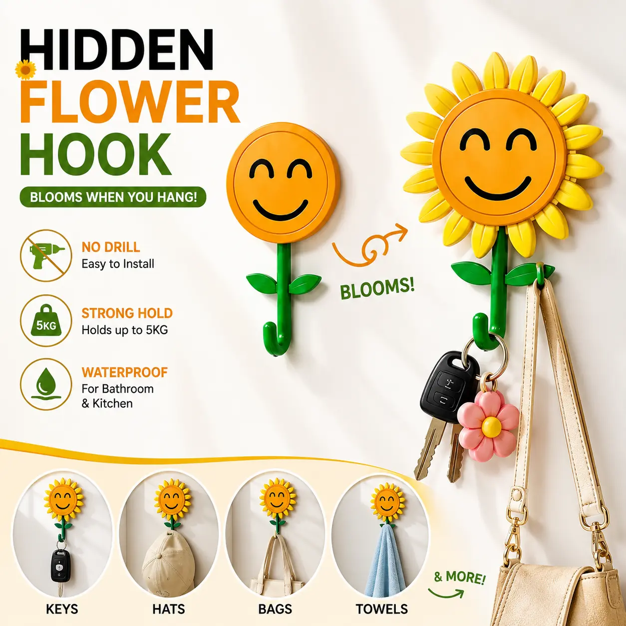 Sunflower Wall Hook, Hidden Self-Adhesive Hook for Keys, Towels, Bags & Hats, No-Drill Decorative Flower Wall Hanger for Bathroom, Kitchen, Bedroom & Entryway