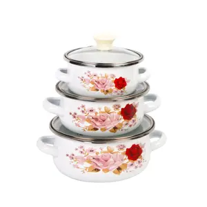 Mini Enamel Soup Pot Set 12cm/14cm/16cm, Red Pink Flower Pattern, Durable Cookware for Home Cooking & FoodStorage, Suitable for Gas Stoves & Induction Cooktops, Easy toClean & Stylish Design