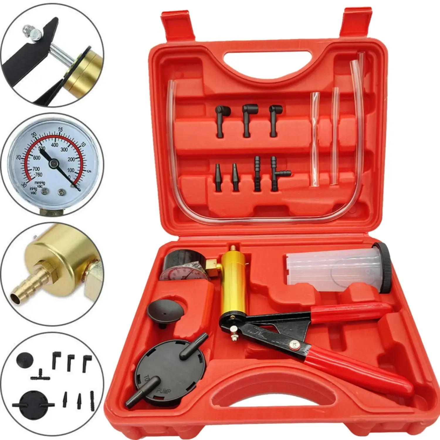 16PCS Automotive 2-in-1 Handheld Vacuum Pump & Maintenance Kit with Easy-to-Read Pressure Gauge, Brake Bleeder Adapters for Car, Truck (Red, Ideal for DIY Users)