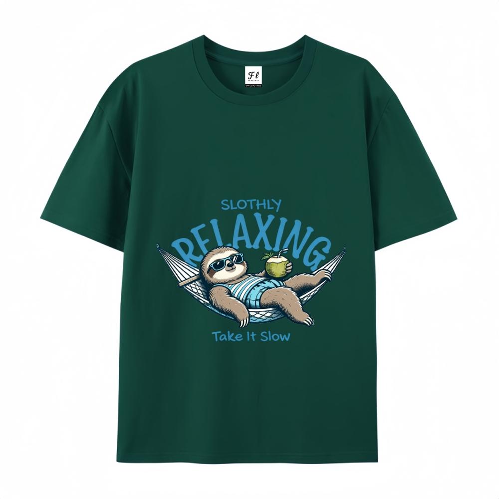 Slothly Relaxing Funny Sloth Graphic Tee Summer Vacation Casual Top For Men & Women Cartoon Drop Shoulder Short Sleeve Crew Neck Tshirt - Menswear