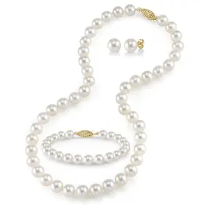 The Pearl Source 14K Gold Pearl Jewelry Set for Women - Freshwater Pearl Necklace and Earring Set with Pearl Bracelet | Genuine Cultured Pearls, 7.0-8.0mm