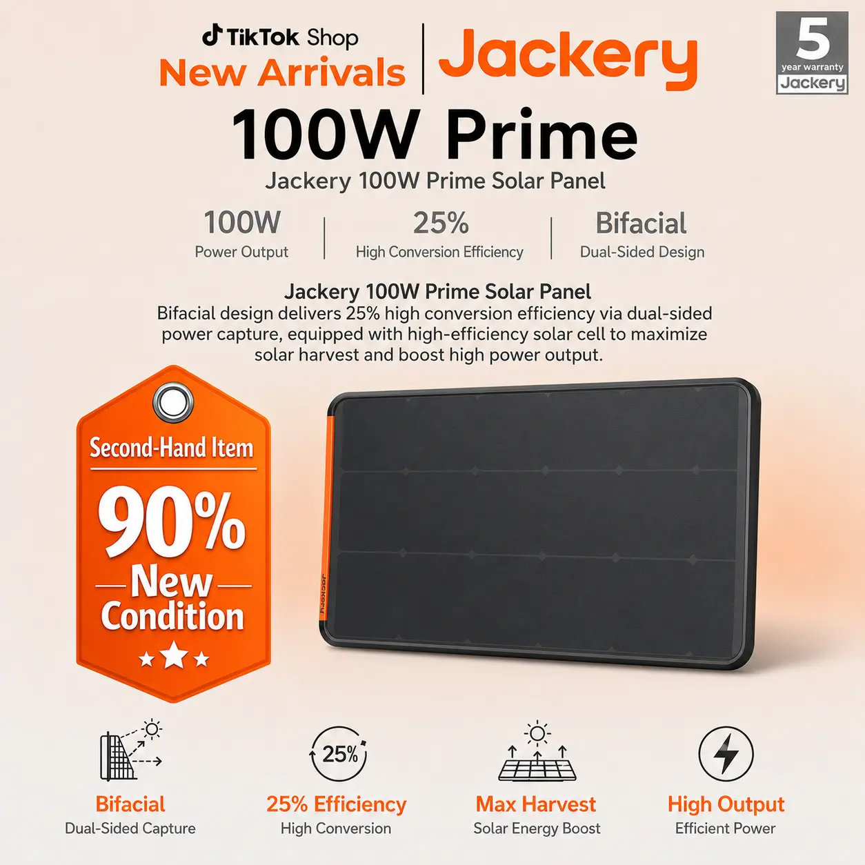 [Second-hand item in 90% new condition] Jackery SolarSaga 100W Solar Panel – Bifacial design delivers 25% high conversion efficiency via dual-sided power capture equipped with high-efficiency solar cell to maximize solar harvest and boost high power outpu