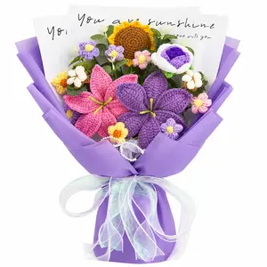 Handmade Cotton Crochet Flower Bouquet - 14 Flowers & Eucalyptus, Greeting Card Included, Eco-Friendly Yarn Home Decor, Gifts for Women, Anniversary Gifts for Her