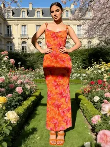 Vibrant Floral Strapless Long Dress, Tie Design Slimming Fit, Casual Vacation Date Beach Wear Summer, Short Sleeve Woven Fabric, Elegance, Women, Beach Sundresses