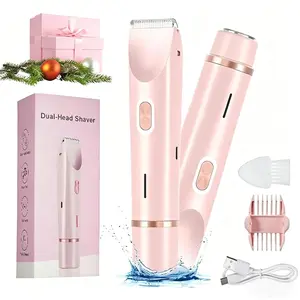 Bikini Trimmer for Women, Electric Shaver and Razor Rechargeable 2-in-1 Body and Facial Epilator, Dual Heads for Painless Trimming of Pubic Hair, Face, Underarms and Legs, Summer Gift