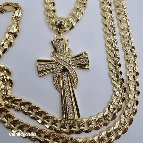 INFINITY CROSS stamp necklace CLEAR stones Cuban link style gold-plated