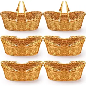 6 Pcs Wicker Basket with Handle, Hand Woven Harvest Basket Bulk, Wicker Flower Hoppet for, Picnics, Easter, Organizing, Egg Gathering, Candy, Wedding(Light Brown)