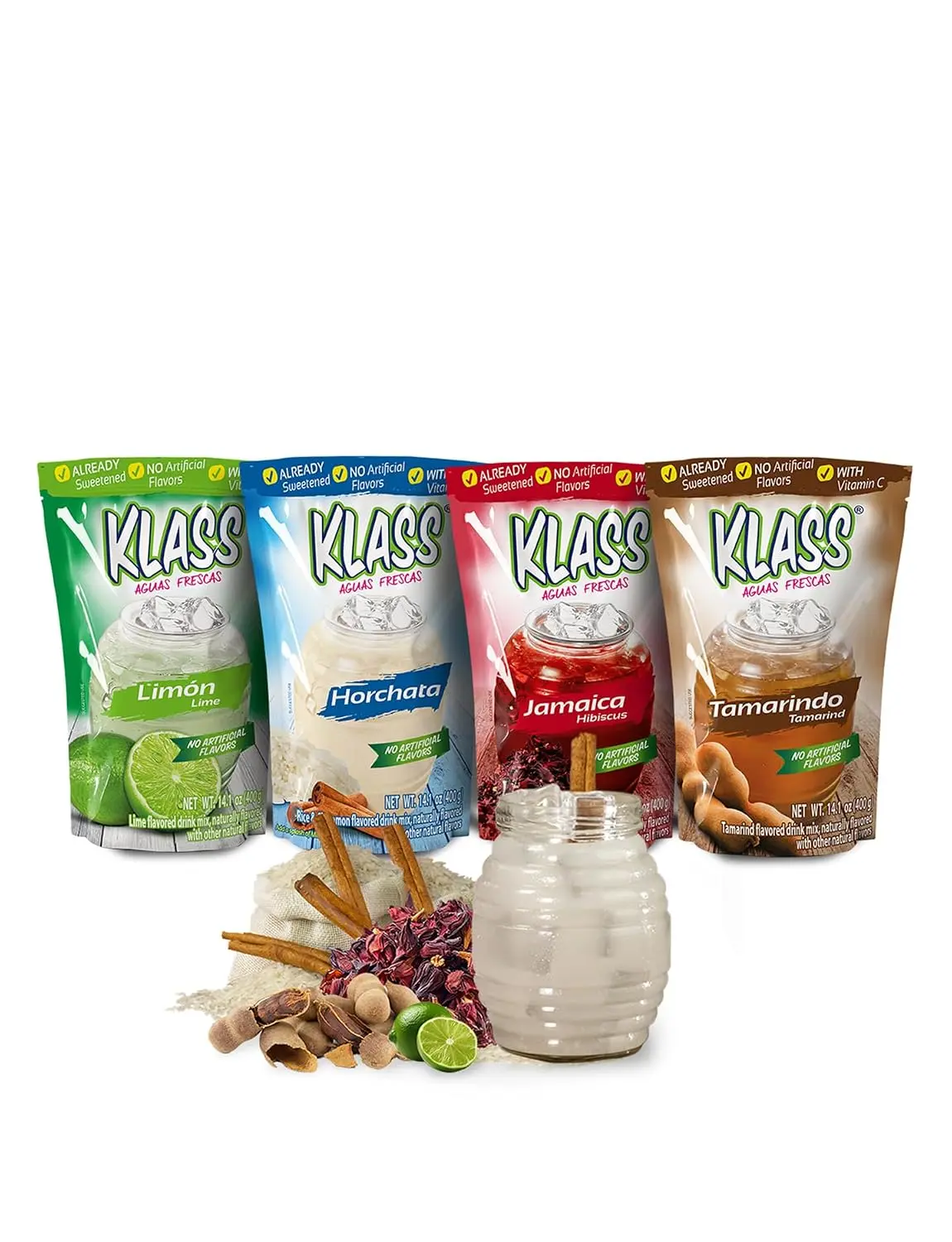 Klass Mexican Aguas Frescas Drink Mix Pack - Horchata, Limeade, Hibiscus & Tamarind, Natural Flavor Refreshment with Vitamin C