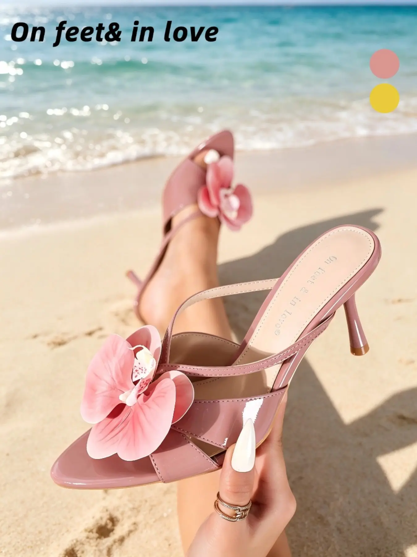 Women's All Sizes design Dusty Rose Glossy Patent Leather 3D Orchid Flower Pointed Open Toe Stiletto Heel Slingback Mules, Slip On Non Slip Cushioned Dress Sandals for Beach Vacation Date Night Wedding Guest Summer Resort Outfits footwear