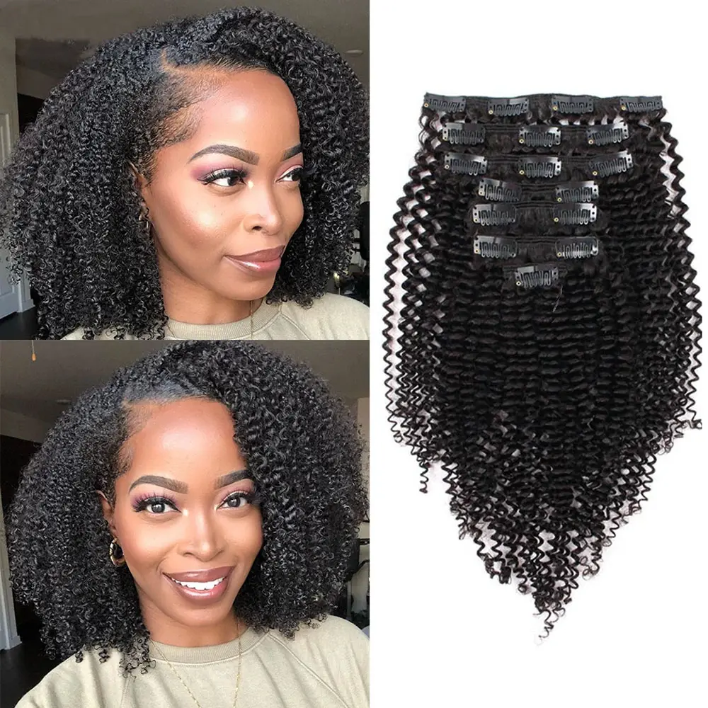 Megeen Hair 4B 4C Afro Kinky Culy Clips In Human Hair Extensions Brazilian Remy Hair Clips in 120G 8Pcs/Set 10-24 Inches For Women
