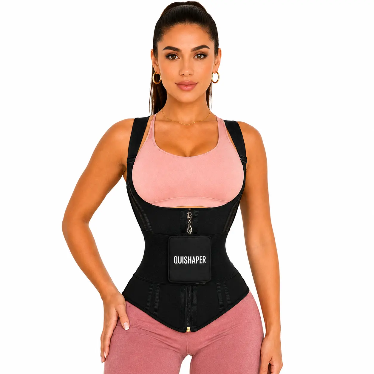 QUISHAPER 2 in 1 Waist Trainer for Women Tummy Control Corset Sport Workout Body Shaper Compression Vest Postpartum Gym with Strap Shapewear Faja Cincher Adjustable Shoulder Zipper Straps and Hooks Sweat Working Out