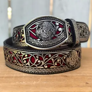 Silver “Mexico” Laser Cut Leather Belt with Metal Buckle Silver “Mexico” Laser Cut Leather Belt with Metal Buckle