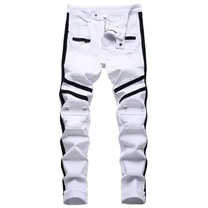 Men's white slim fit jeans, tear on tight jeans, fashionable bicycle jeans, stretch motorcycle work pants, men's pantsRAIMENTRY