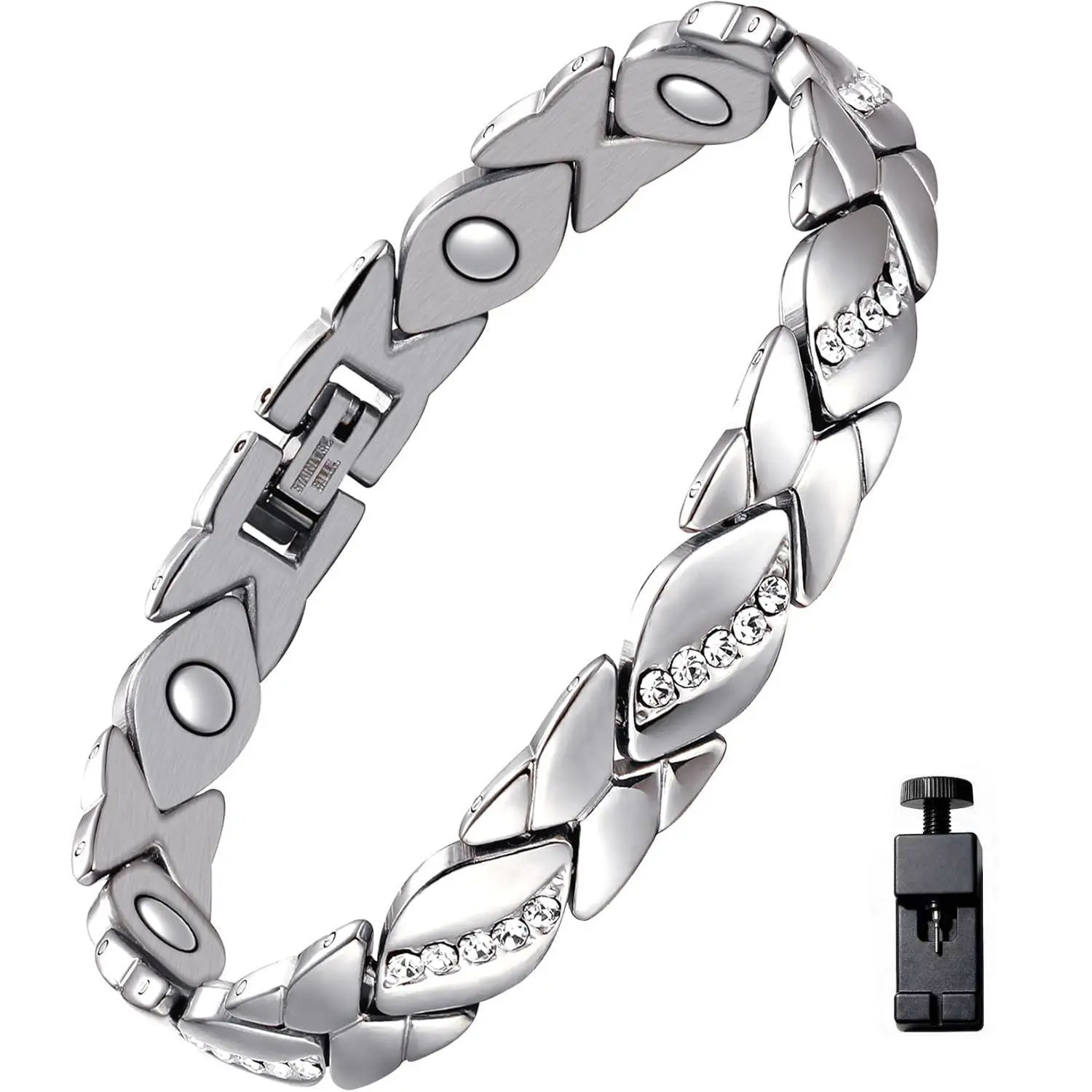 Women's Adjustable Link Bracelet - Elegant Polished Metal Band with Magnetic Closure, Sizing Tool, Metal Coating, 23.2g Weight, Dimensions, Female Size, Adjustable Accessory, Classic Holiday Gift & Daily Wear Fashion Jewelry, Polished Band, Birthday, Easy