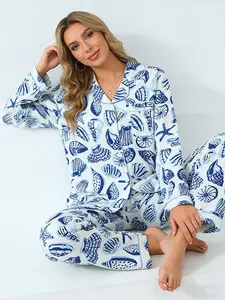 Coastal Style White Seashell Starfish Print Pajama Set Women, Button Down Long Sleeve Long Pants, All Season Wearable Homewear, Ocean Print, Beach Aesthetic Loungewear