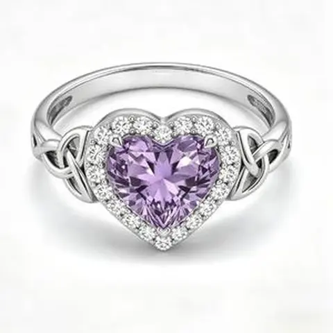 Women's 925 Sterling Silver Heart Shaped Amethyst Ring - Celtic Trinity Knot Band, CZ Halo Sparkle, Hypoallergenic Witchy Jewelry Gift, Heartcut Glow Crystal Promise Ring for GF, Valentine’s Day Statement Amulet