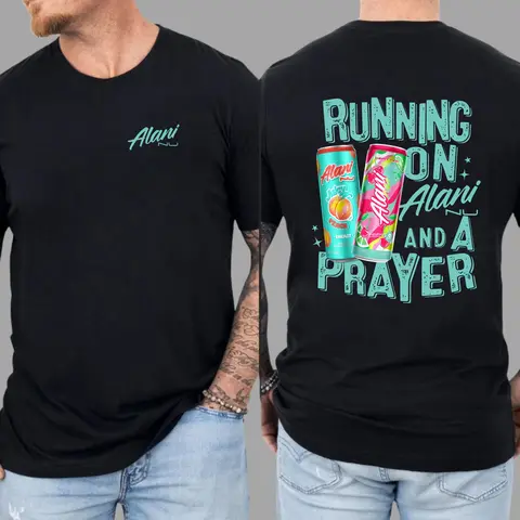 Alani Running on Alani T-Shirt - Trendy Graphic Tee with Colorful Alani Nu Cans and Playful Slogan, Unisex Design for Gym Lovers and Everyday Wear, Funny Drinking Vacation Outfits apparel