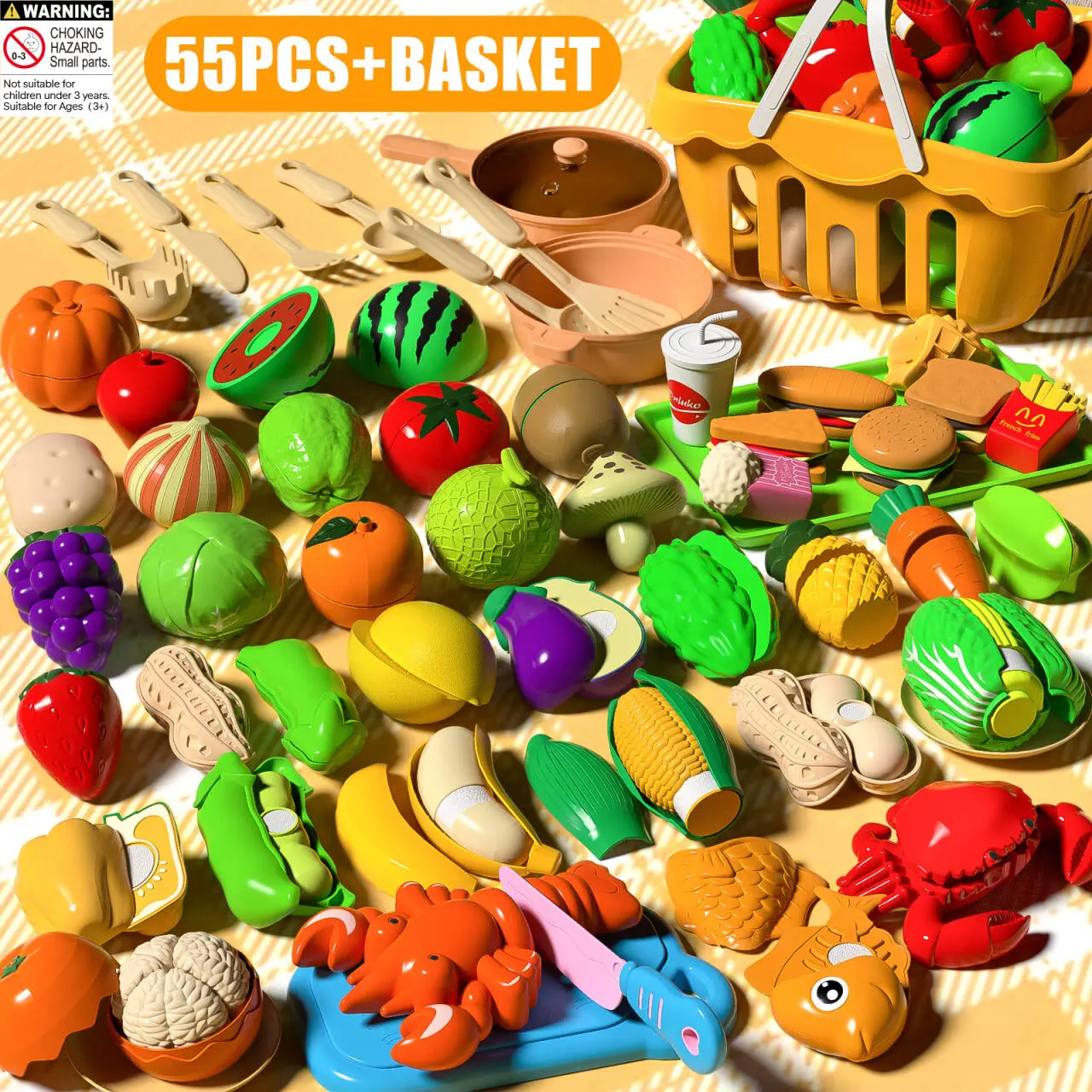AIBEIQITOY 55PCS Unisex Pretend Play Food Cutting Cooking Toys Playset - Kitchen Basket, Fruits, Vegetables, Accessories, Educational Role Play Toy for Toddlers Ages 3+