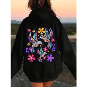 100% Cotton Unisex Hummingbird Colorful Mexican Flowers Bird Floral Nature T-Shirt Hoodie Unisex Oversized Drawstring Hooded Cotton Sweatshirt with Front Pocket for Daily Wear Comfort Hoodie for All Genders SDFR