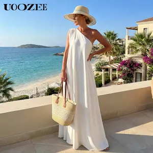 UOOZEE Women's new Casual Womenswear Loose Asymmetric Solid Color Slit One Shoulder Maxi Dress Multi-color, Party, Holiday Elegant Style, Chiffon Fabric, White Slightly Transparent, Birthday Outfit (Recommended Size C Cup and Above)