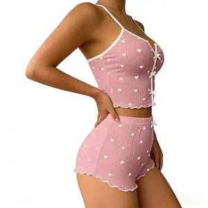 Women's Heart Print Color Blocking Ruffle Trim Sexy Ribbed Pajama Set, Sleeveless Top with Cross Straps And Short Shorts, Comfortable Loose Fit, Cute Style for Summer