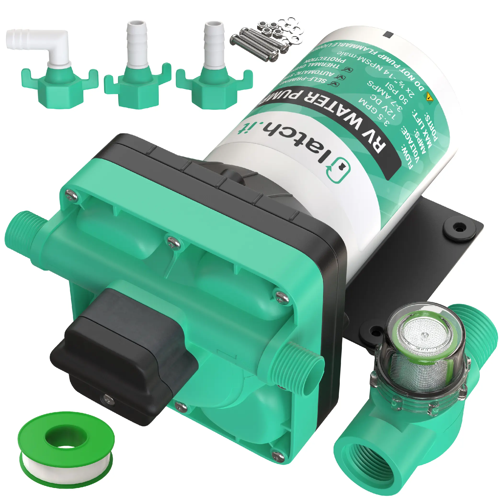 LATCH.IT RV Water Pump 12V Self Priming | 3.5 GPM 50 PSI Camper Quiet Motor & Thermal Protection