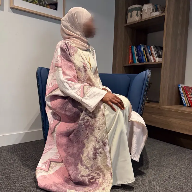 Women's Gray-Pink Jacquard 2-Piece Abaya Set, Elegant Islamic Clothing, Modest Fashion Muslim Set