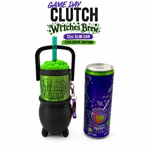 Witches Brew Exclusive 12oz Slim Can Game Day Clutch with Glow in the Dark Bubbles Lid Cover and Matching Witch Hat Can Tab Opener Keychain.