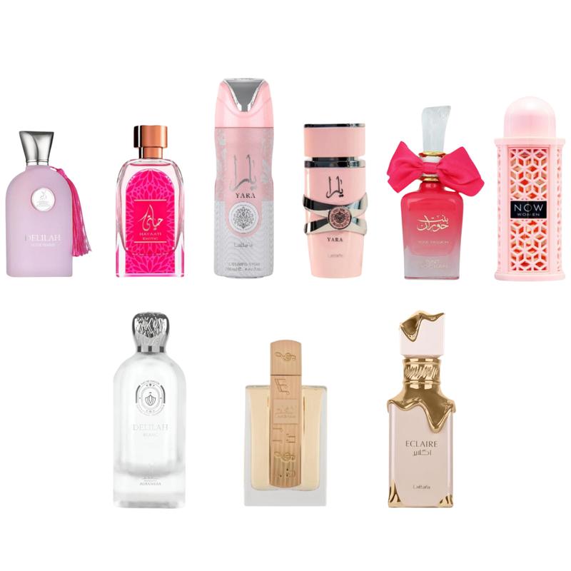 Lattafa Angham + Hayaati Exotic + Delilah Blanc + Bint Hooran Rose Passion + Yara Deodorant + Éclaire + Rave NOW + Yara + Delilah Pour Femme – Fragrance Gift Bundle