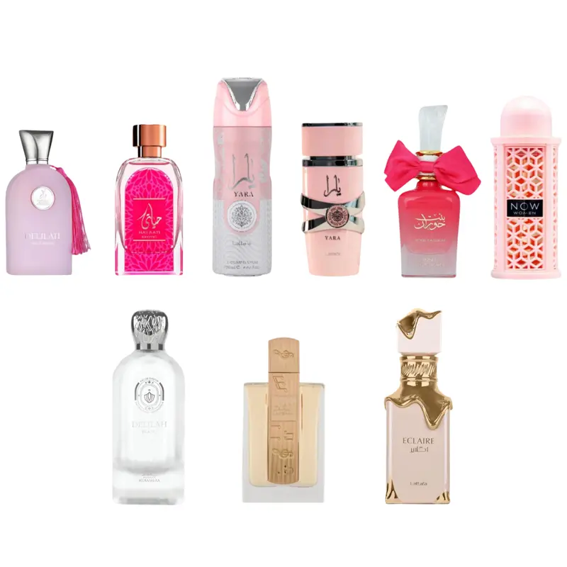 Lattafa Angham + Hayaati Exotic + Delilah Blanc + Bint Hooran Rose Passion + Yara Deodorant + Éclaire + Rave NOW + Yara + Delilah Pour Femme – Fragrance Gift Bundle