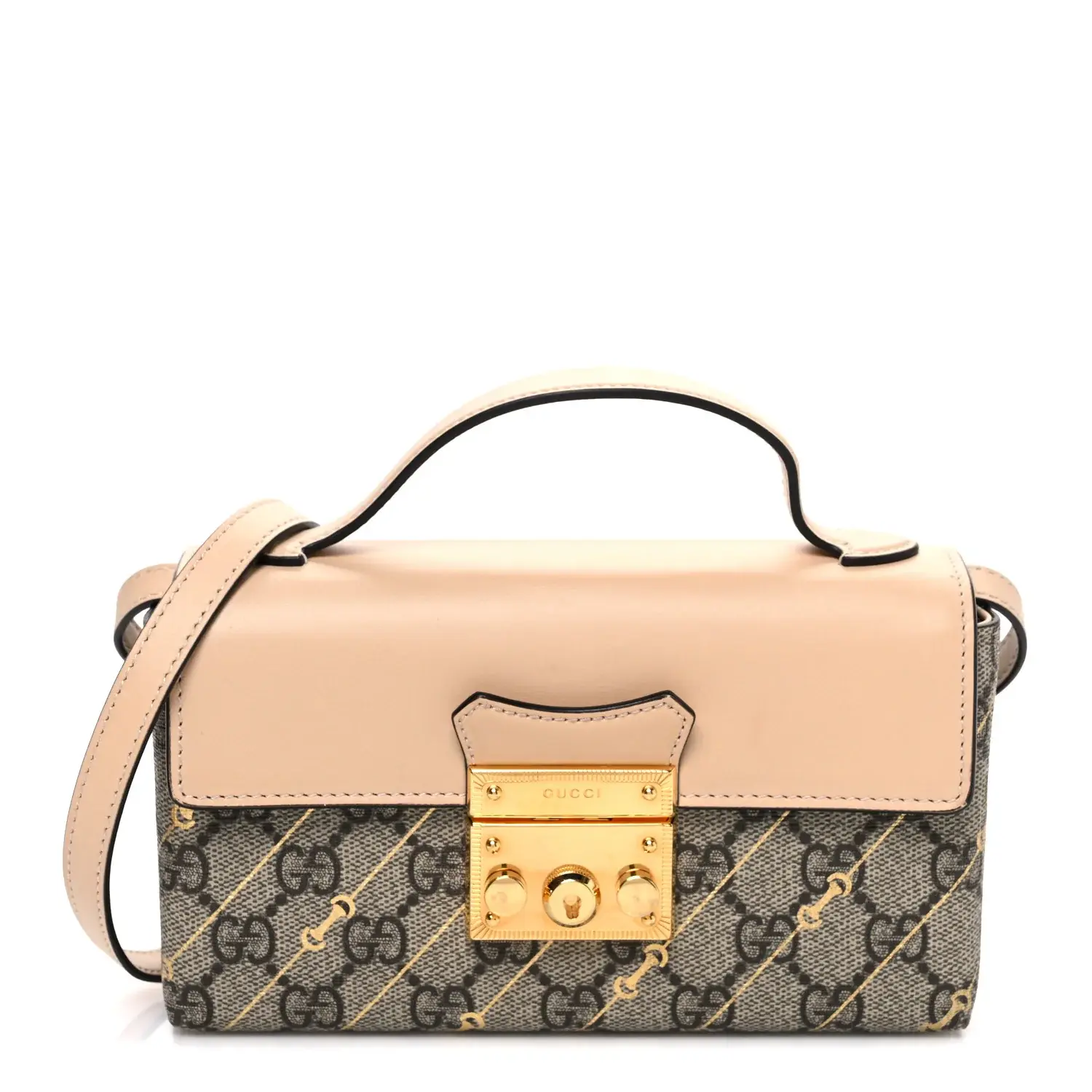 Pre-owned GUCCI Calfskin Shoulder Bags GG Supreme Monogram Horsebit Print Mini Padlock Top Handle Shoulder Bag Beige Ebony Light Pink