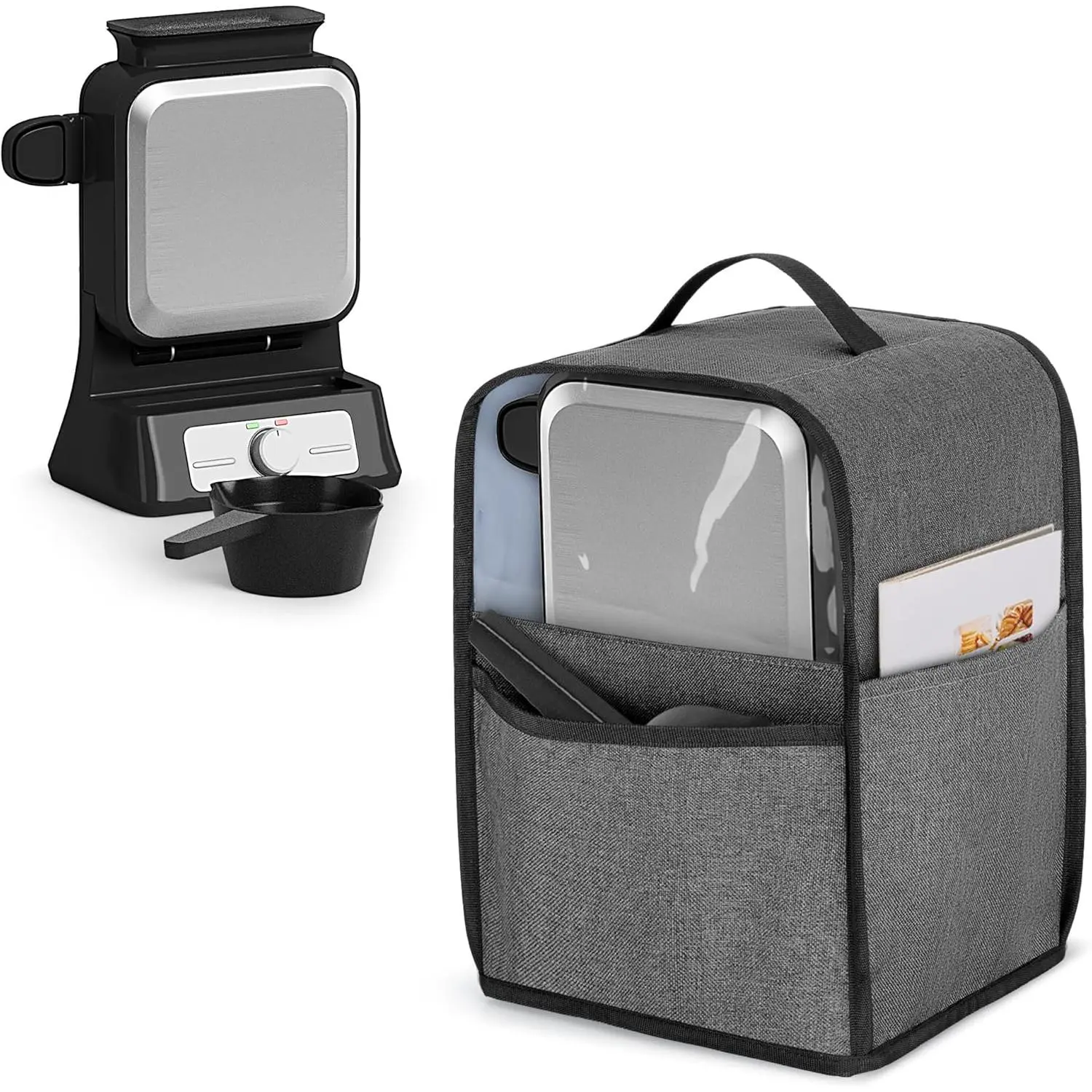 Visible Dust Cover Compatible with  BW1001 Belgian Waffle Maker PRO NeverStick, Protective Cover with Top Handle and Pockets Fits Waffle Iron, Pour Cup, Tongs or Other Kitchen Accessories
