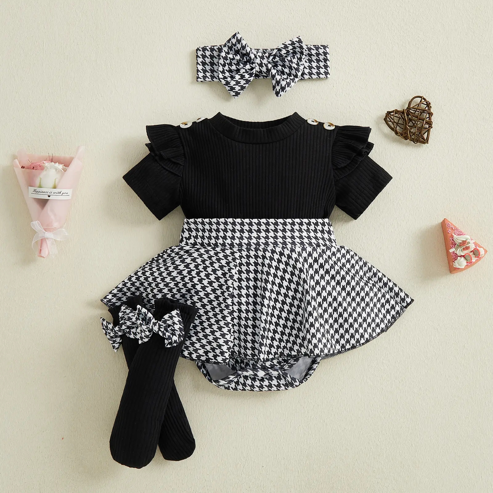 Meihuida Newborn Baby Girl Clothes Smocked Bubble Houndstooth Romper Dress + Socks + Headband Cute Spring Summer Baby Girl Clothes