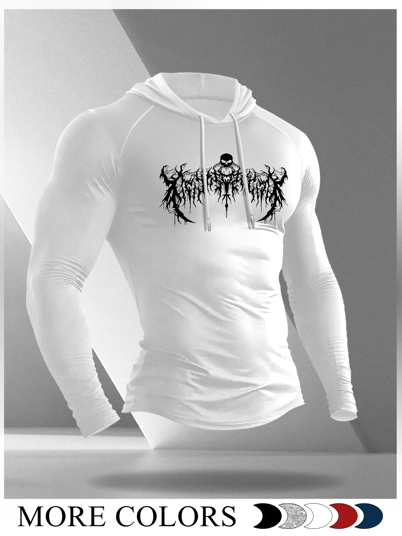 Men's Hooded Long Sleeve Tight Fit Top, Casual Sporty Fitted, Dark Graphic Print, Multiple Colors Available, Casual Fall Fashion, Gym Sport Hoodies, Workout Apparel, Fitness Casual Wear, Gym & Daily Wear