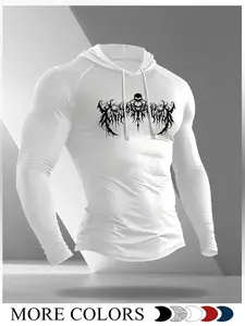 Men's Hooded Long Sleeve Tight Fit Top, Dark Graphic Print, Multiple Colors Available, Casual Fall Fashion, Gym Sport Hoodies, Gym & Daily Wear