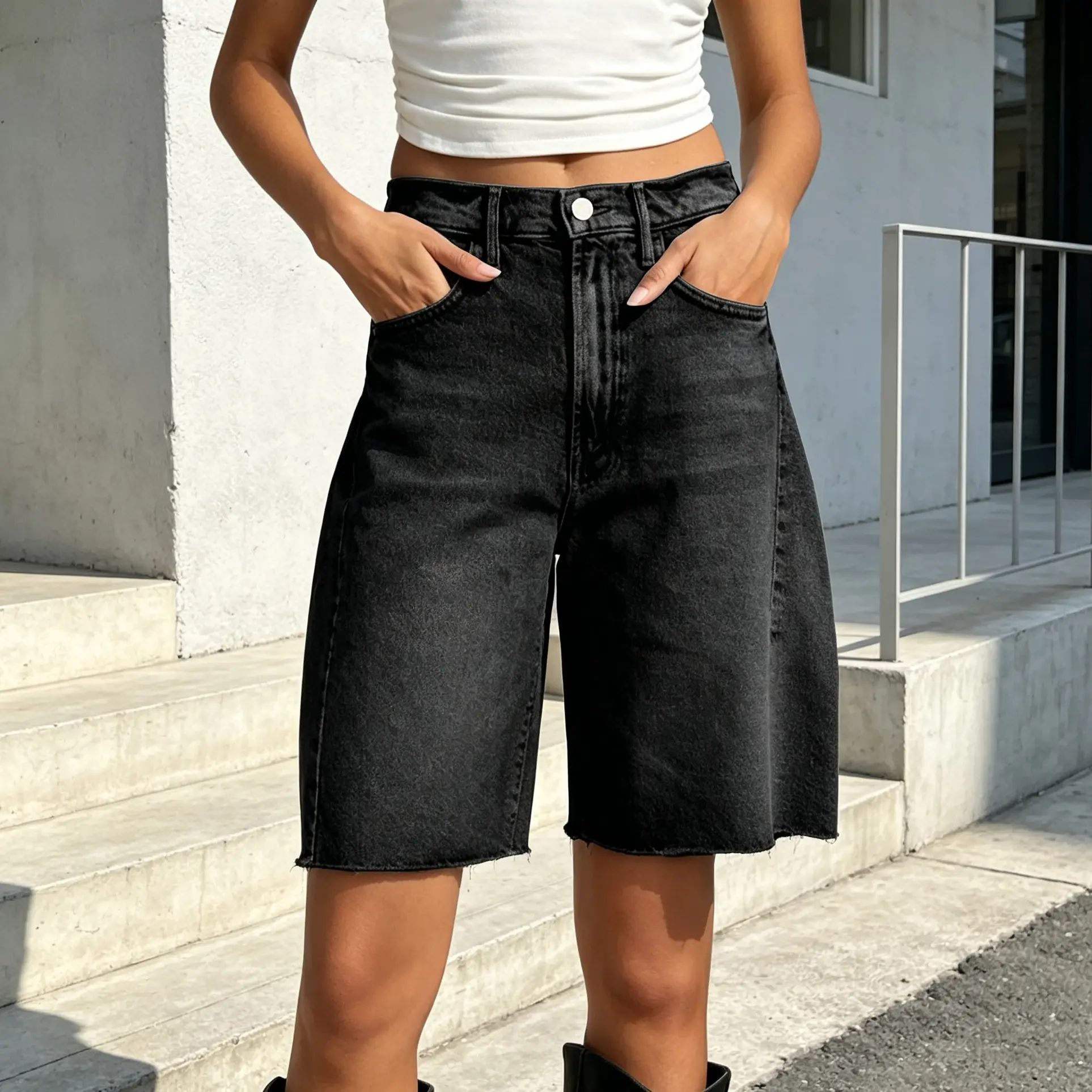 Renaishow Women's Summer High-Waisted Wide-Leg Denim Jorts - Bermuda Baggy Bottoms with Pockets, Casual Style, Skin-Friendly, Comfortable, Fitted