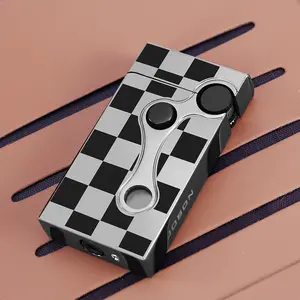 Viral Checkerboard Torch Lighter, Refillable Double Jet Windproof Lighter With Fuel Visible Window, Ideal For Outdoor Camping BBQ (No Fuel Included)