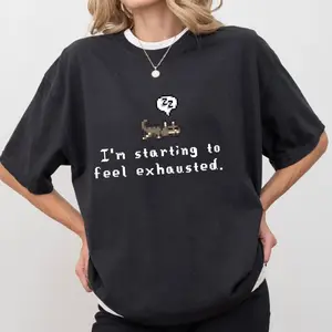 Sleepy Cat I'm Starting To Feel Exhausted Graphic Tee, Stardew Valley Youth Shirt, Pixel Gamer Pelican Town Unisex T-Shirt for Adults & Kids