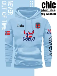 Men's Hooded Sweatshirt with Oslo Norway Flag Print, Casual Fitted Streetwear, Fall & Winter Comfort, Campus Commute, Home Leisure, Casual Sweatshirt Hoodie