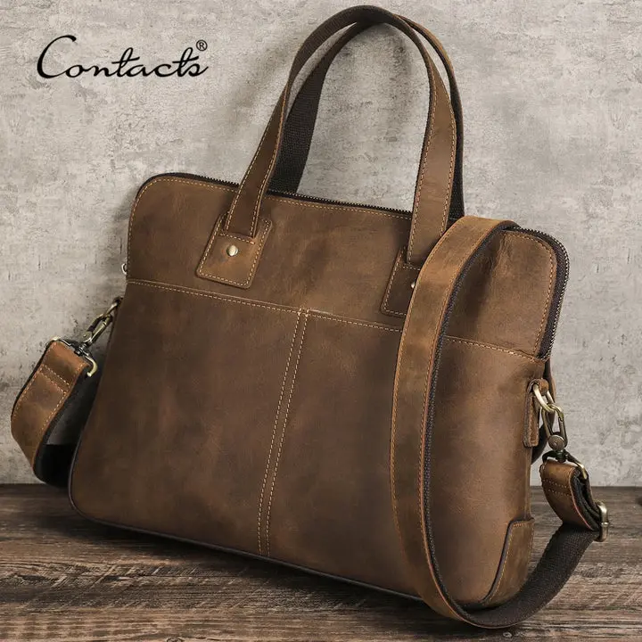 CONTACT's Vintage Crazy Horse Leather Men's Briefcase - Genuine Cowhide Shoulder Bag, Compatible with 16 in MacBook Laptop