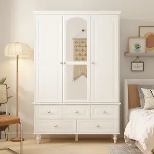 FUFU&GAGA 3 Doors Bedroom Closet, Wood Armoire with Mirror, Clothes Hanging Rail, 4 Storage Shelves and 5 Drawers, 47" Wide Bedroom Storage Unit Wardrobe