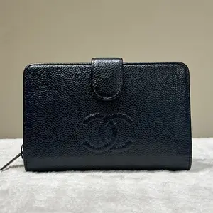 Pre-owned CHANEL Leather Small Leather Goods compact wallet Navy Blue 21450379