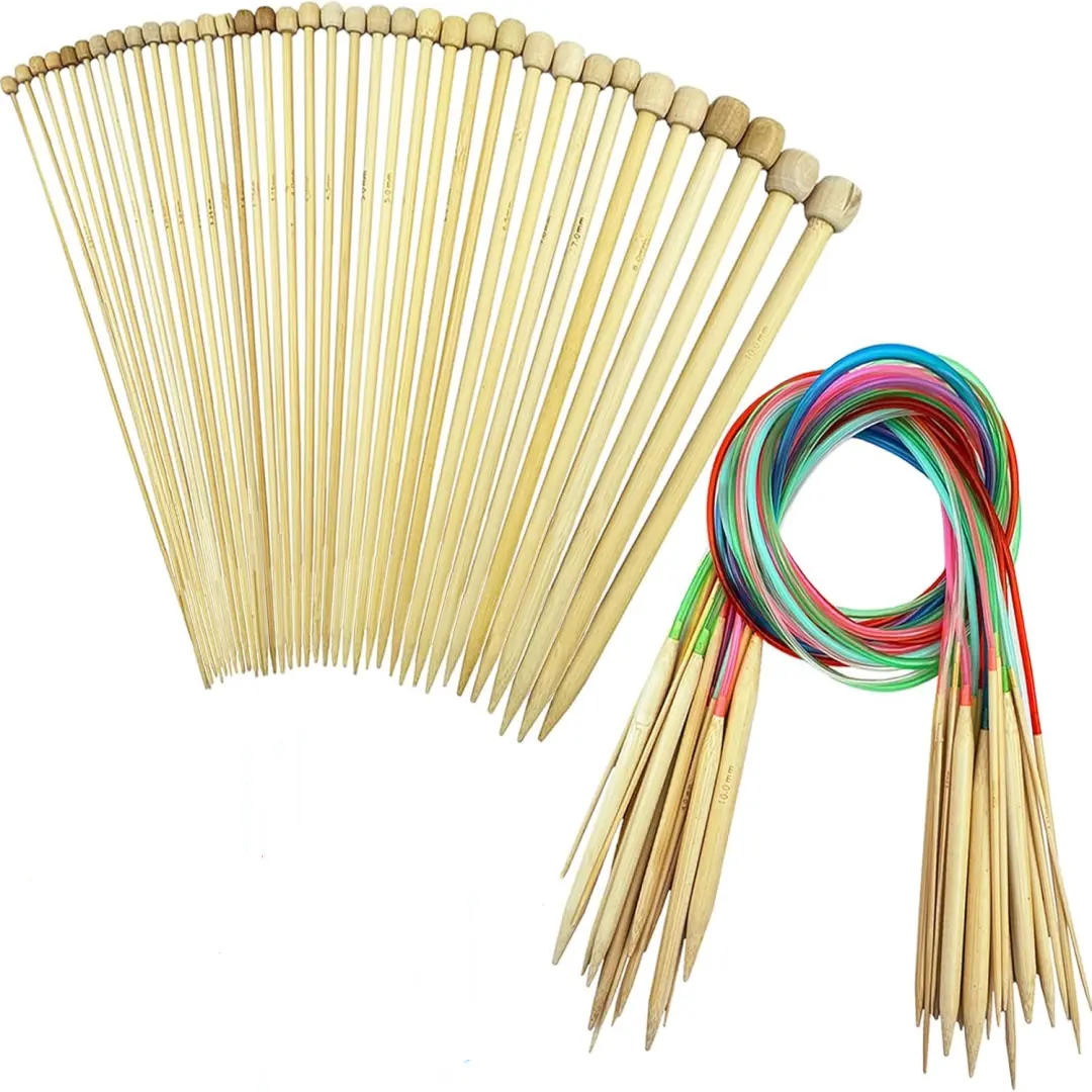 Knitting Needles Set,36 PCS 9.8" Straight Single Pointed Bamboo Knitting Needles ＆ 18 Pairs 31.5” Bamboo Circular Knitting Needles Set with Colorful Plastic Cable,18 Sizes: 2mm-10mm